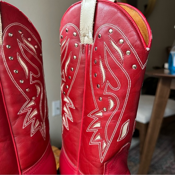 Vtg Frye Daisy Duke Studded Western Boots Women 7 M Red Snip Toe Cowboy - Picture 9 of 15